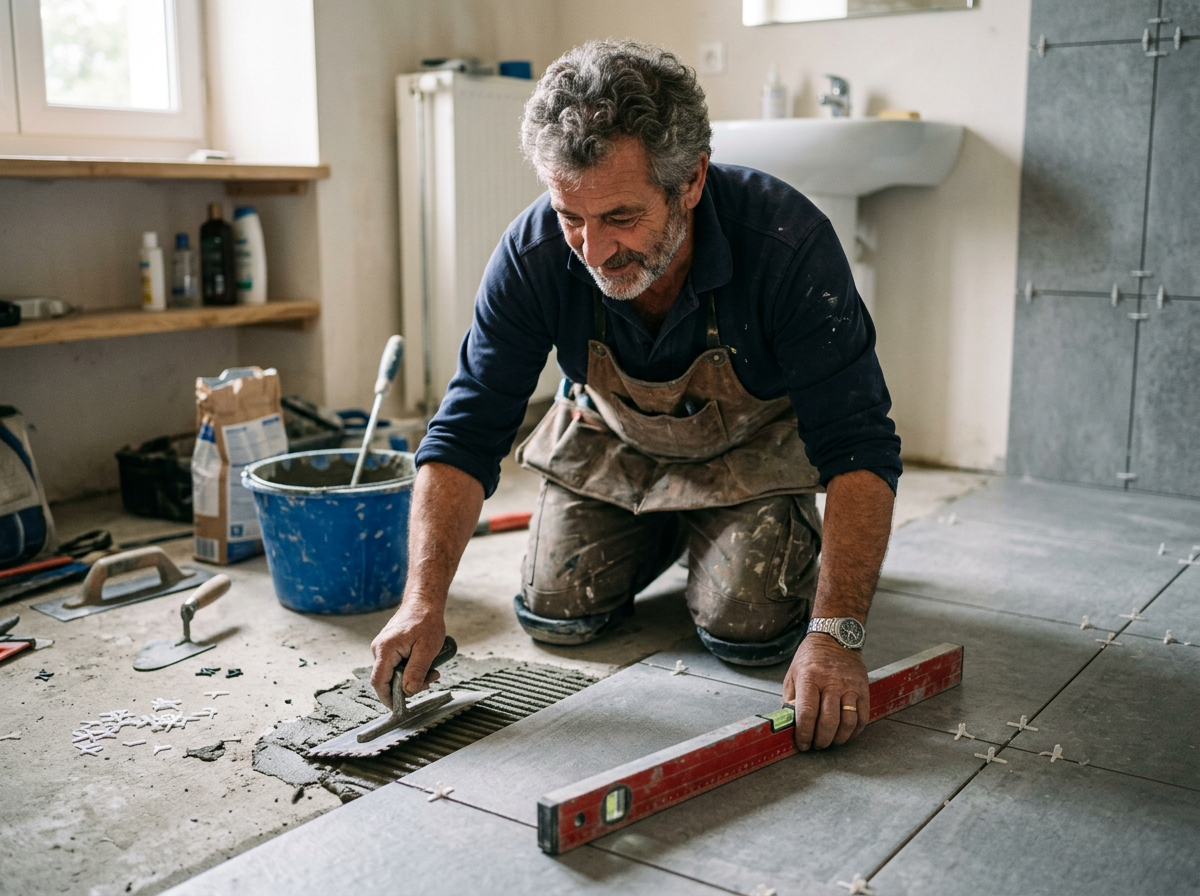 Illustration générée : un carreleur pose de grands carreaux gris dans une salle de bain