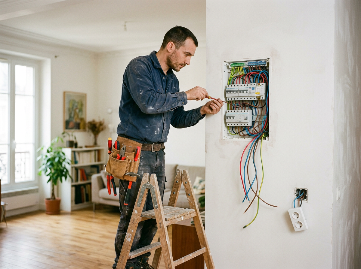 Illustration générée : un électricien câble un tableau électrique dans un salon