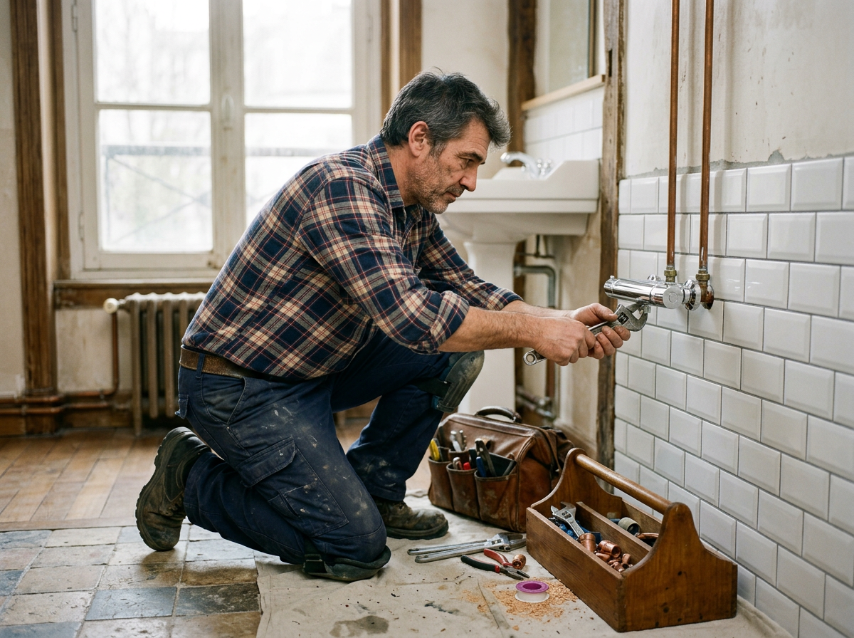 Illustration générée : un plombier pose un mitigeur de douche dans une salle de bain en rénovation